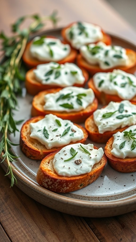 A plate of herbed goat cheese crostini topped with fresh herbs.