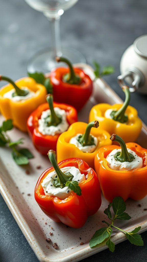 Colorful mini bell peppers stuffed with herbed goat cheese.