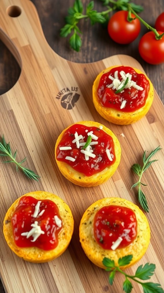 Herbed polenta bites topped with marinara sauce and cheese on a wooden board.
