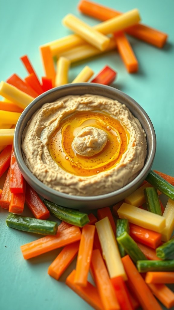 A bowl of homemade hummus surrounded by colorful veggie sticks