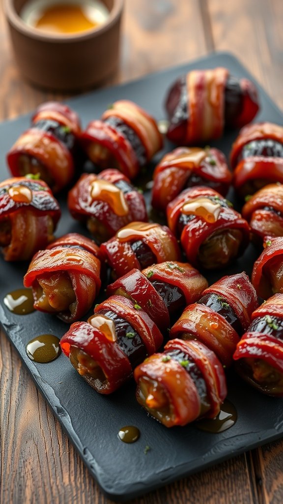 Delicious honey-glazed bacon-wrapped dates on a slate serving platter
