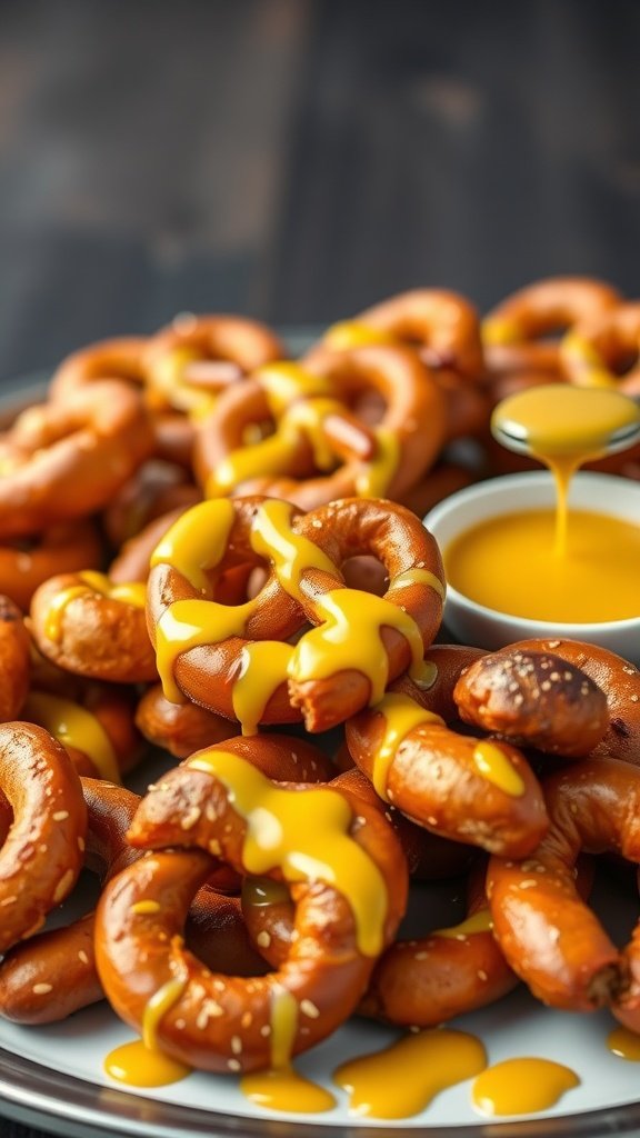 A plate of honey mustard pretzel bites drizzled with honey mustard dipping sauce.