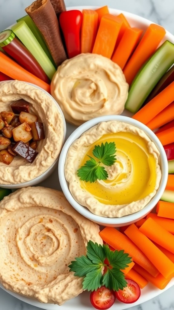 A colorful platter featuring three varieties of hummus surrounded by fresh vegetables.