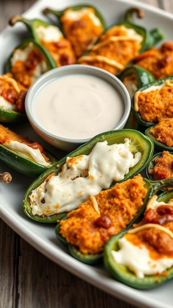 Jalapeño poppers stuffed with cream cheese on a platter with dipping sauce