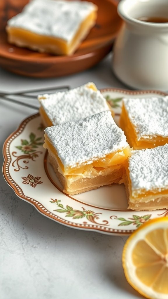 Lemon bars dusted with powdered sugar on a decorative plate with a slice of lemon nearby.