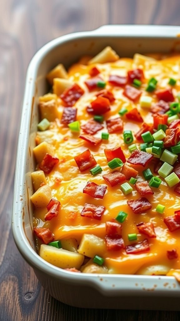 A loaded cheesy potato casserole topped with crispy bacon and green onions.