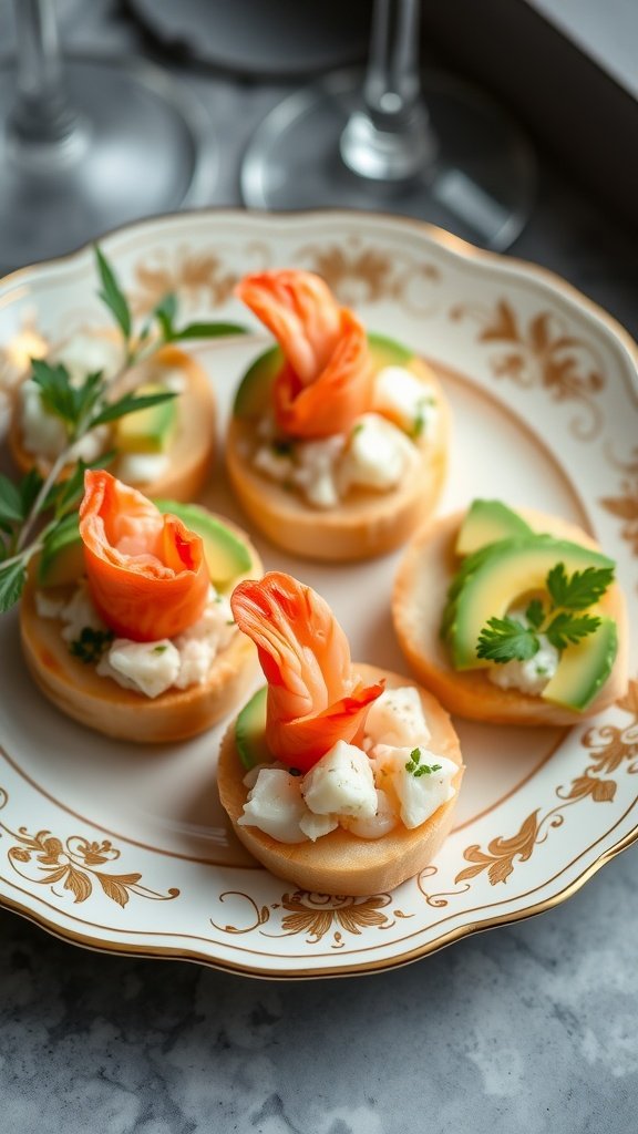 Lobster and avocado canapés on a decorative plate.