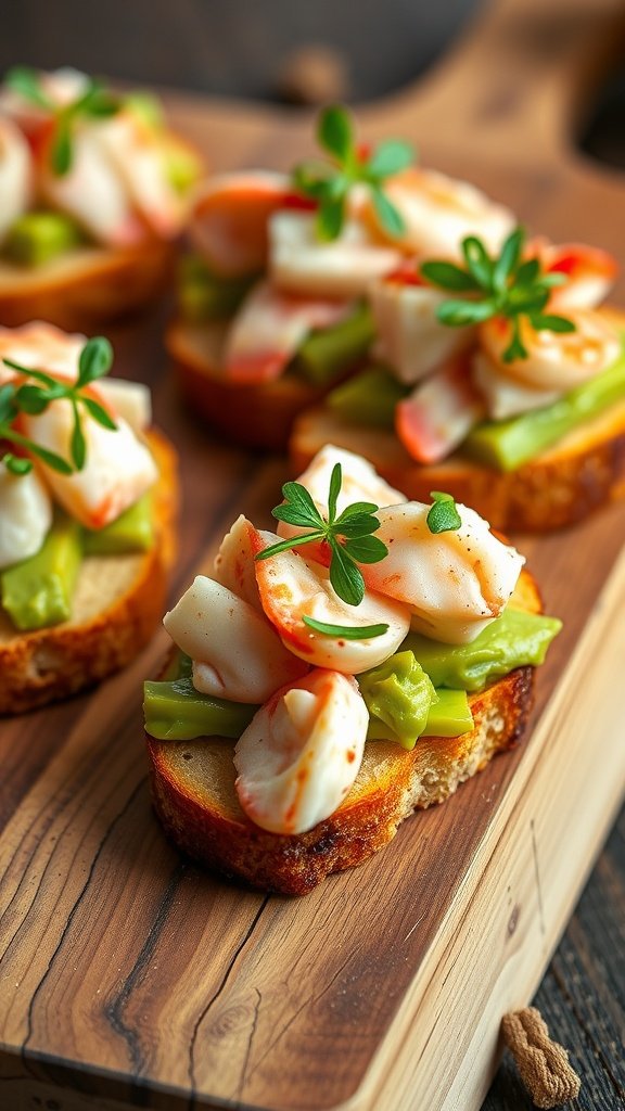 Delicious Lobster and Avocado Crostini on a wooden board