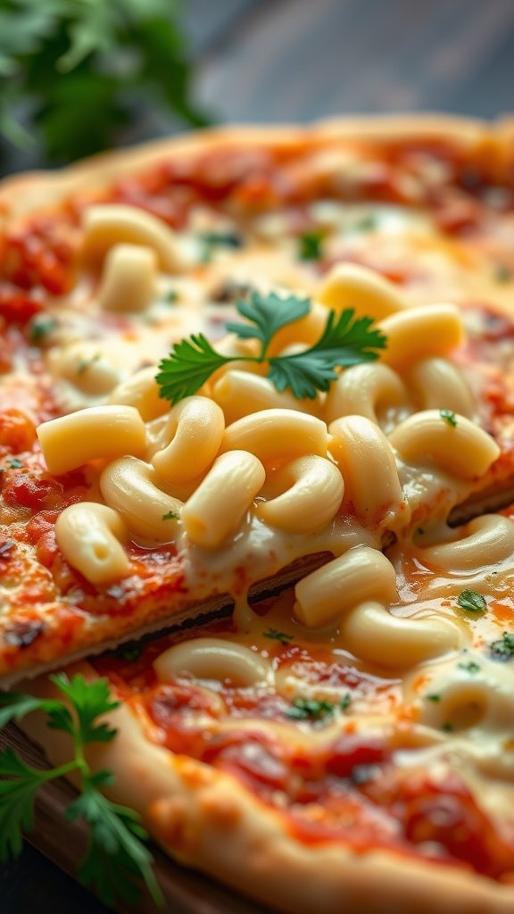 A delicious Mac and Cheese Pizza topped with macaroni and fresh herbs.
