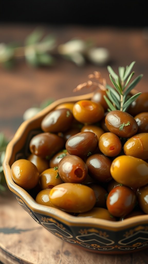 A bowl of marinated olives with fresh herbs and spices.