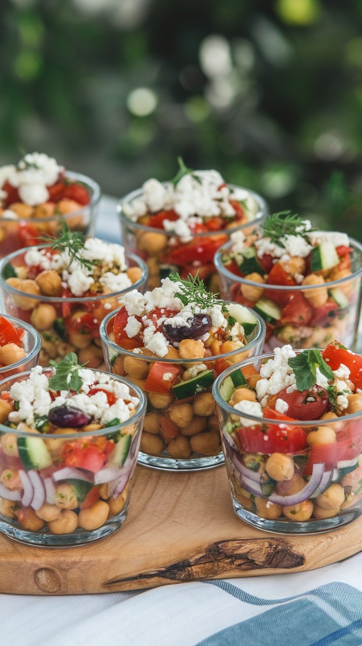 Mediterranean Chickpea Salad Cups in clear glasses