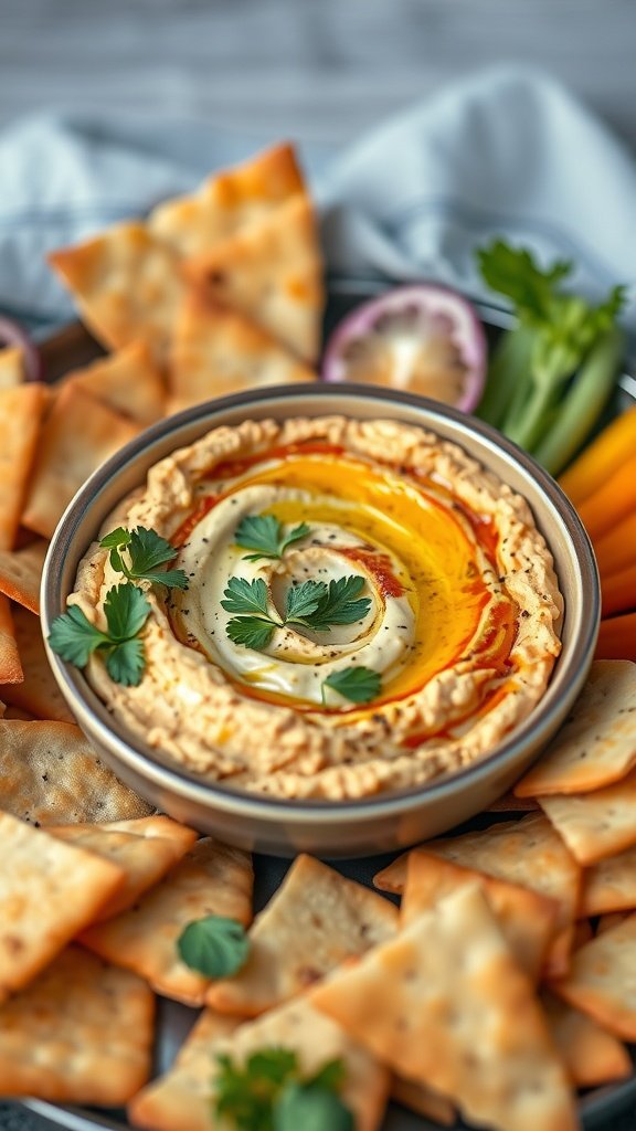 A bowl of creamy Mediterranean hummus drizzled with olive oil, garnished with parsley, surrounded by crispy pita chips.