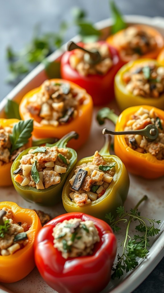 Colorful Mediterranean stuffed peppers filled with quinoa, vegetables, and feta cheese