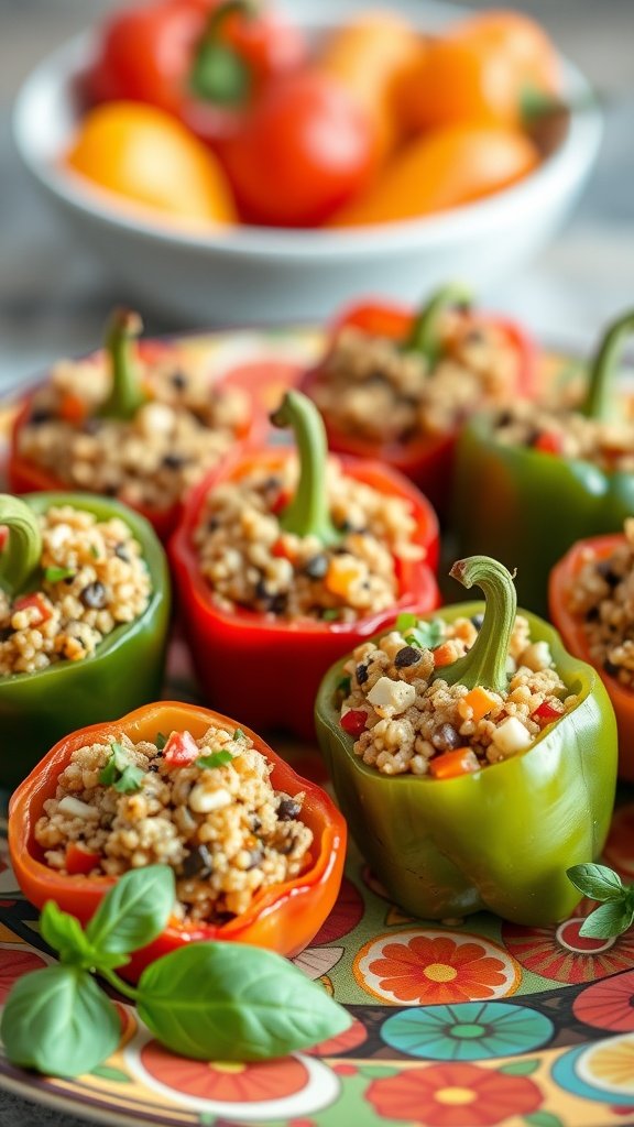 Mediterranean stuffed peppers filled with quinoa, beans, and vegetables