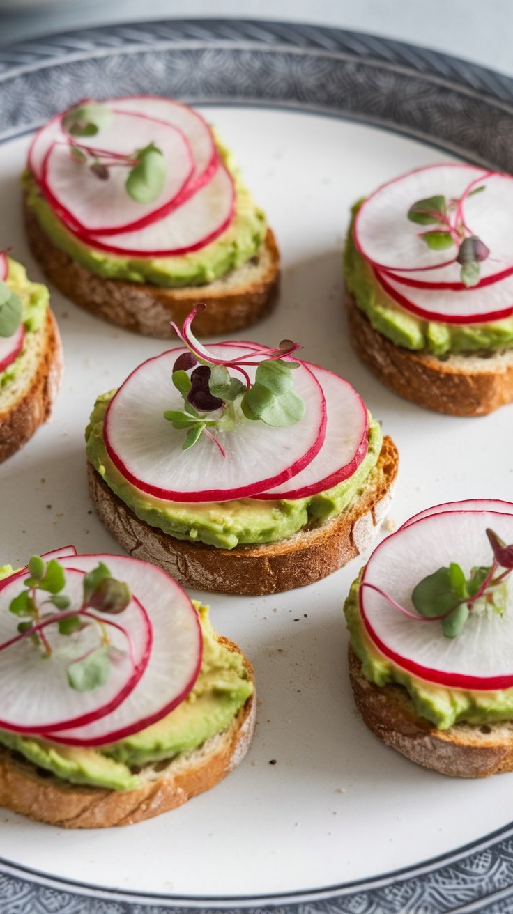 Mini avocado toasts topped with radish and microgreens on a plate.