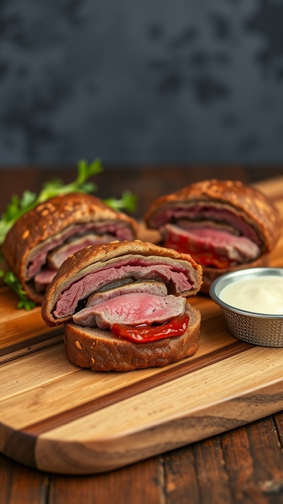 Mini Beef Wellington Bites served on a wooden board.