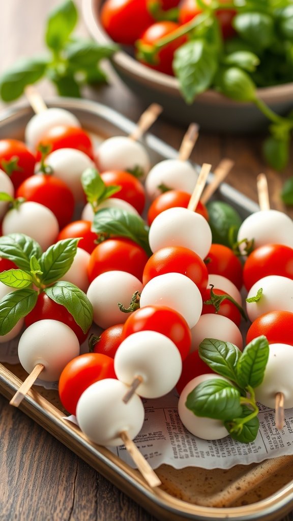 Mini Caprese skewers made with cherry tomatoes, mozzarella balls, and basil on wooden skewers.