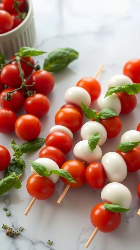 Mini Caprese skewers with cherry tomatoes, mozzarella, and basil