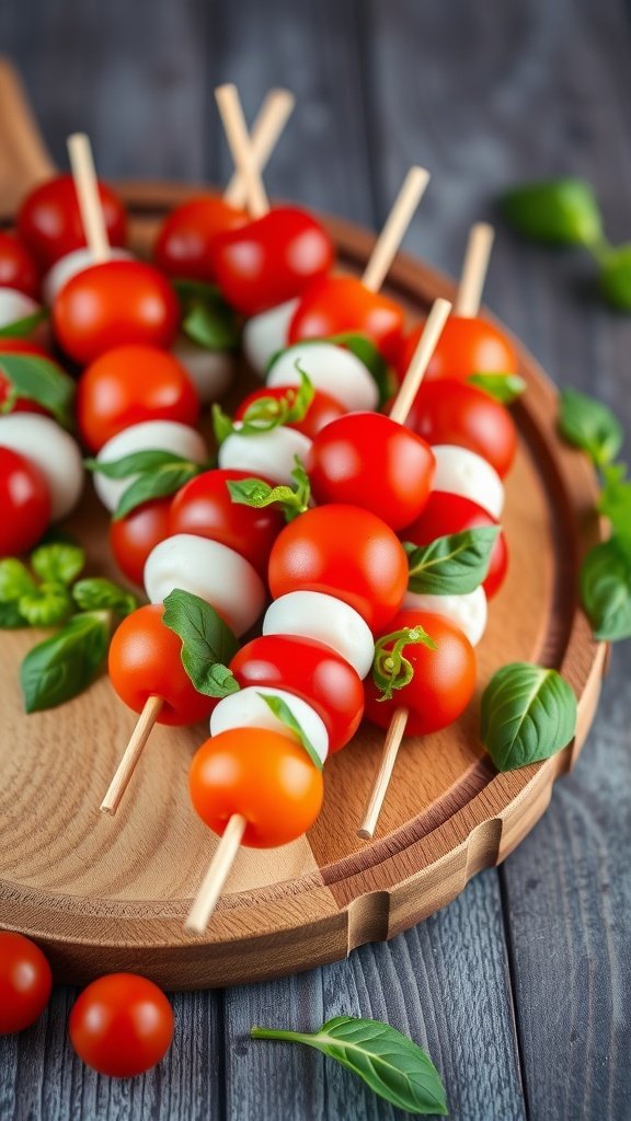 Mini Caprese Skewers with cherry tomatoes, mozzarella, and basil on a wooden plate