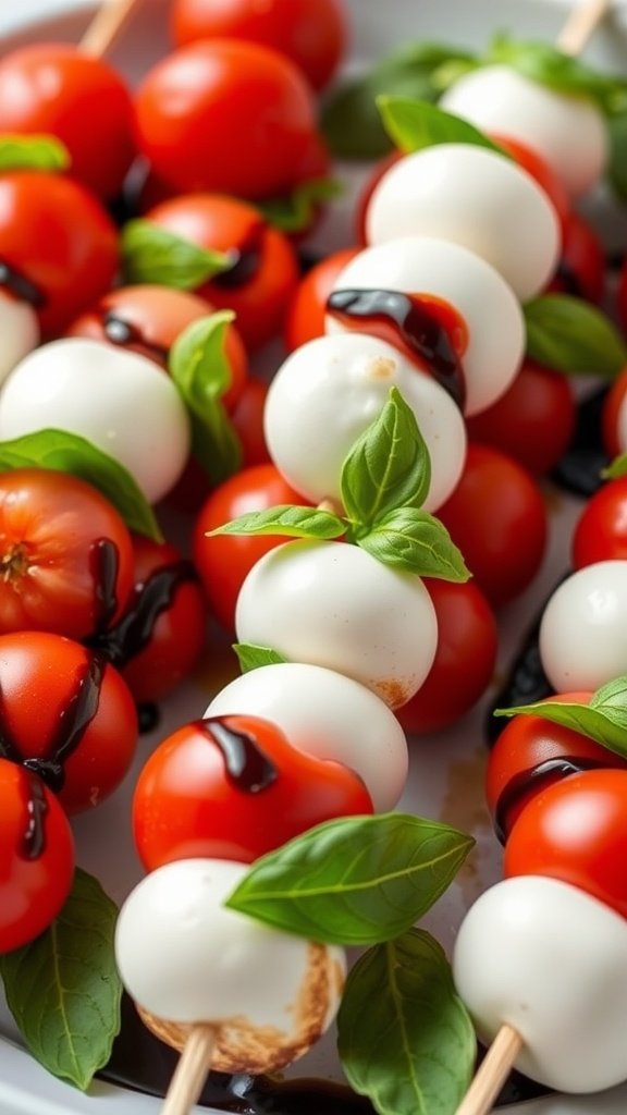 Mini Caprese Skewers with cherry tomatoes, mozzarella, basil, and balsamic drizzle.