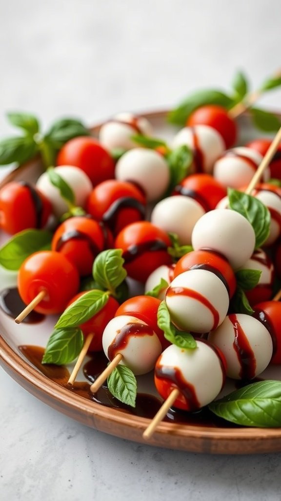 Mini Caprese skewers with cherry tomatoes, mozzarella, and basil drizzled with balsamic glaze