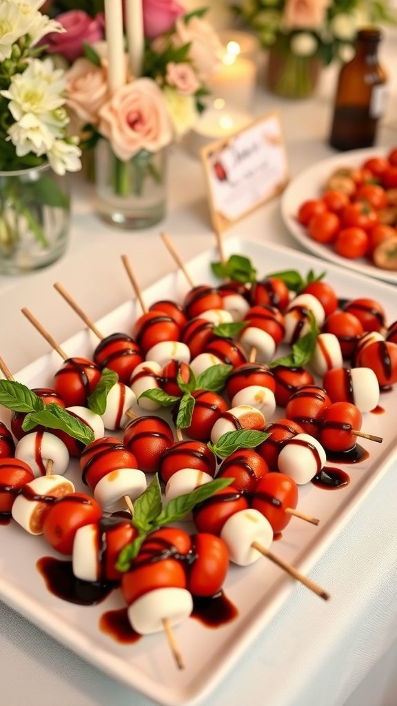 Mini Caprese skewers featuring cherry tomatoes, mozzarella balls, and basil drizzled with balsamic glaze.