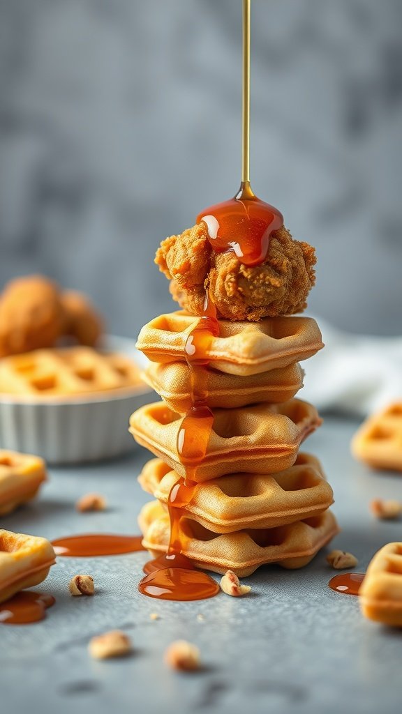 Mini Chicken and Waffle Bites with syrup drizzle