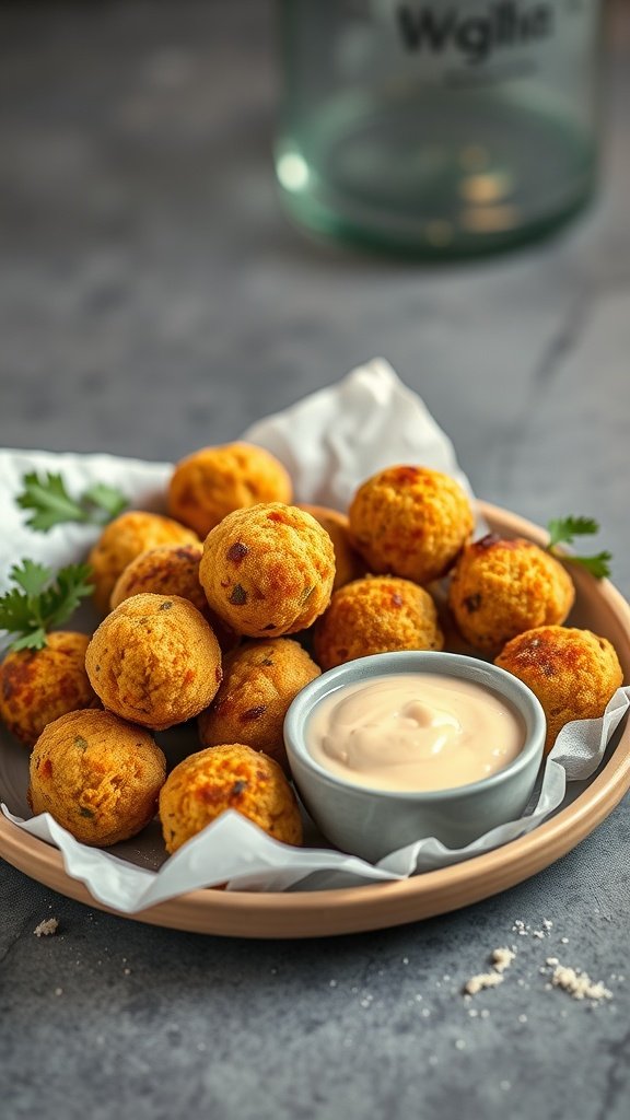 A plate of golden brown mini falafel balls with a side of tahini sauce.