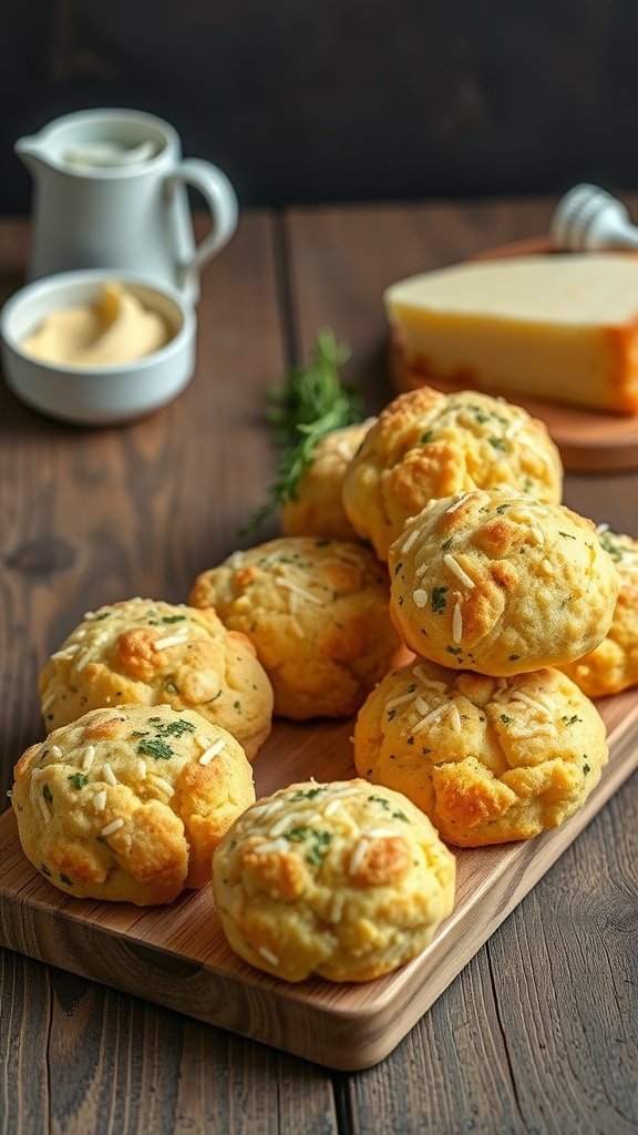 Mini herb and cheese scones on a wooden platter