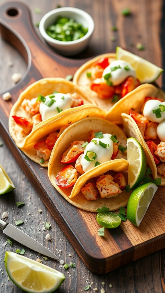 Mini lobster tacos topped with lime cream and garnished with green onions and lime wedges.