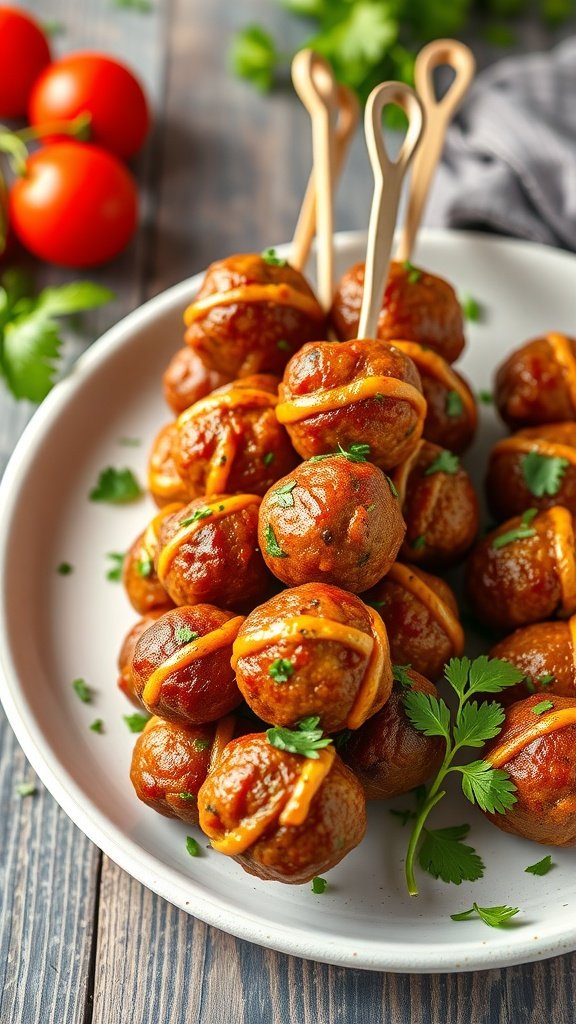 Mini meatball skewers with marinara sauce and garnished with herbs on a plate.