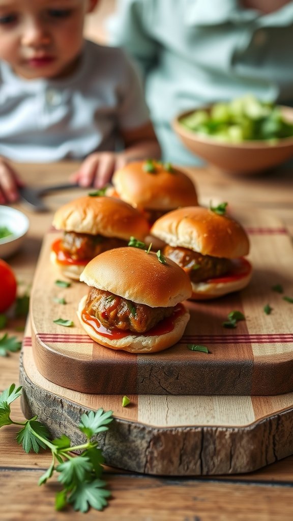 Mini meatball sliders on a wooden cutting board