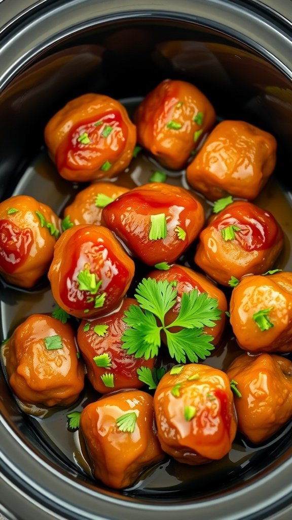 Mini meatballs coated in BBQ sauce, garnished with herbs