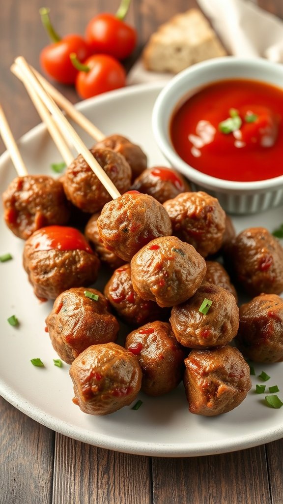 A plate of mini meatballs served with marinara sauce and garnished with fresh herbs.