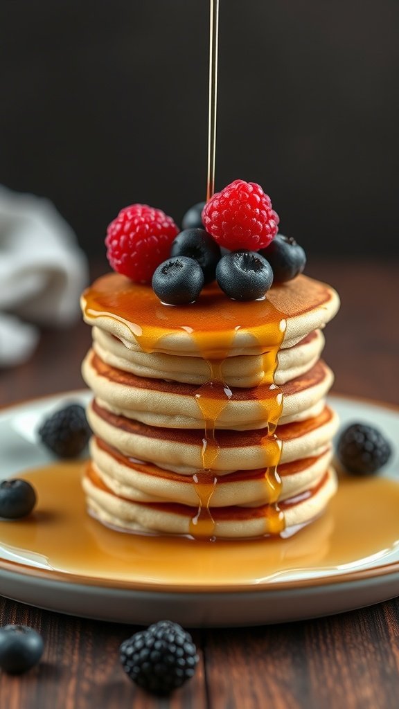 Mini pancake stacks topped with berries and syrup