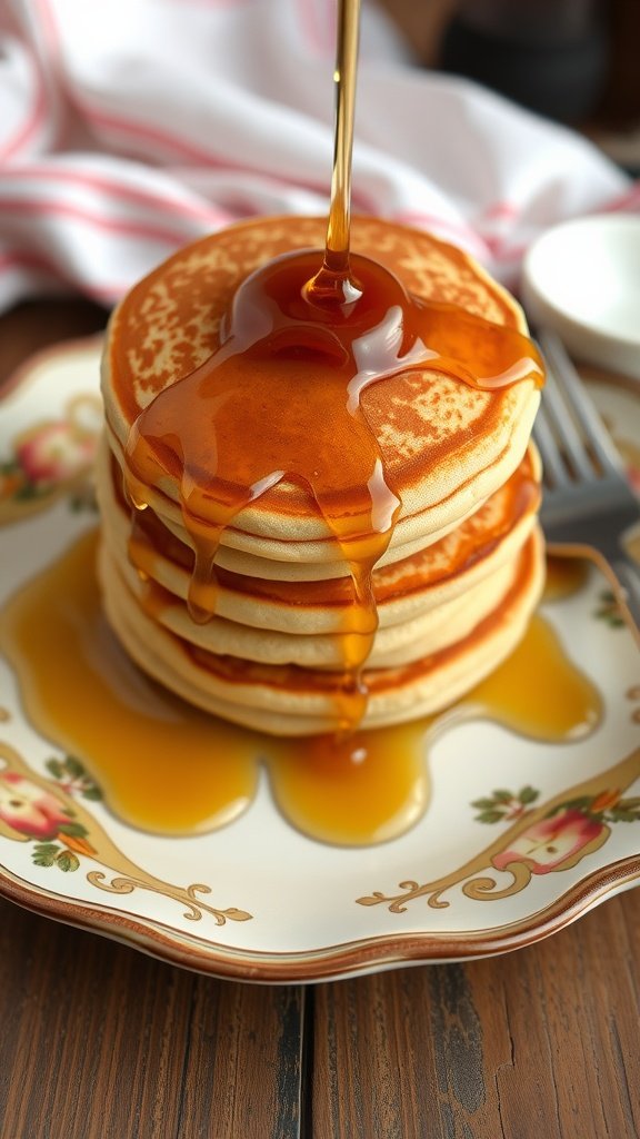 Stack of mini pancakes drizzled with maple syrup