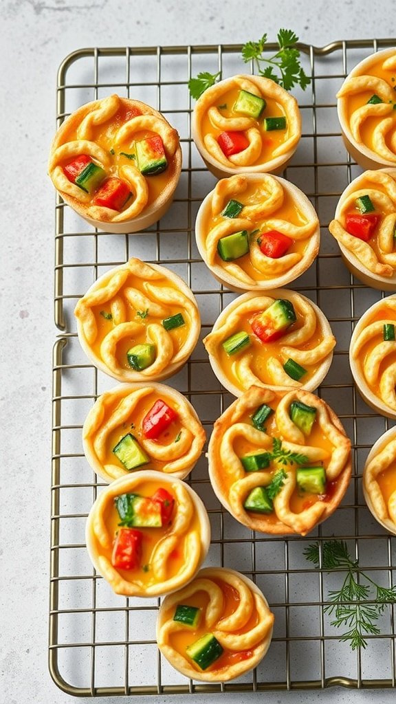 Mini quiche cups with vegetables on a cooling rack