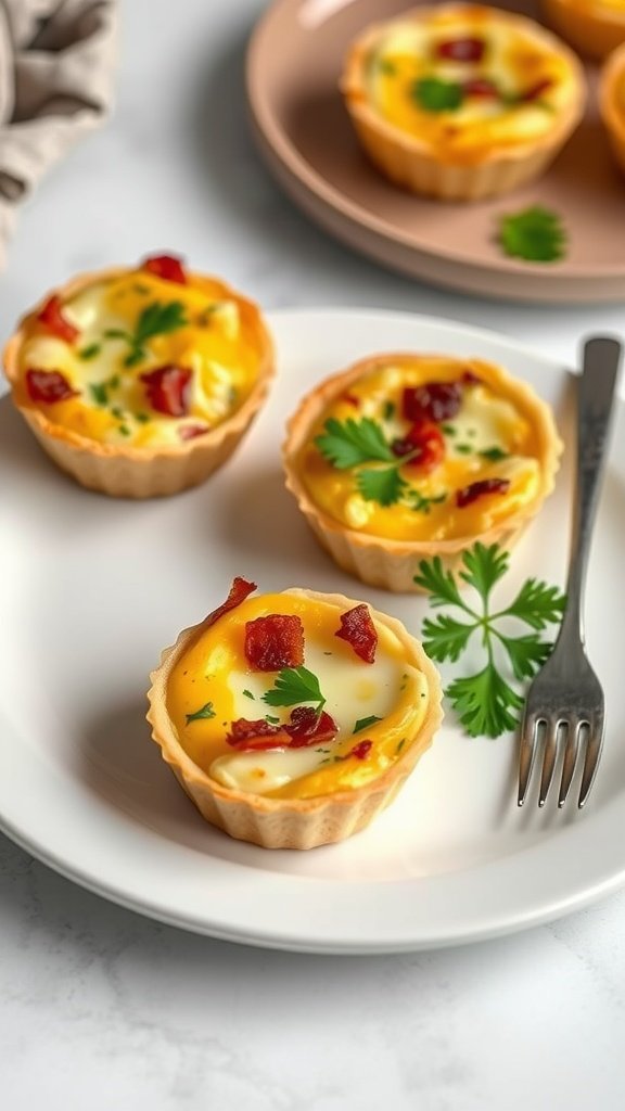 Mini Quiche Lorraine on a white plate garnished with parsley.