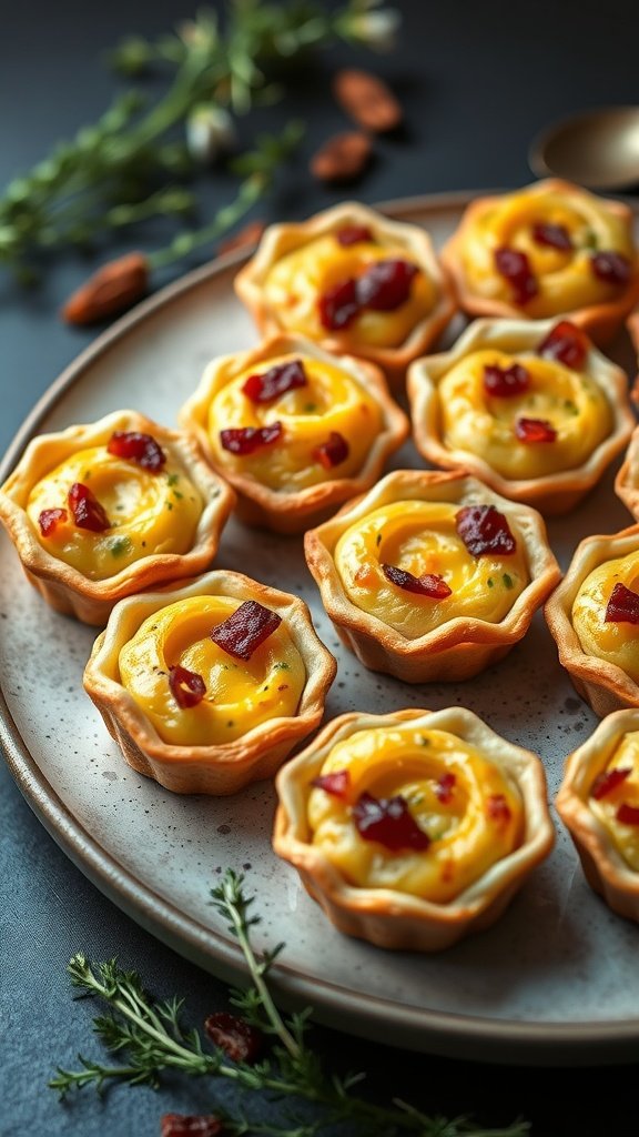 A plate of mini quiche Lorraine bites, featuring flaky pastry shells filled with creamy egg mixture, cheese, and bits of bacon.