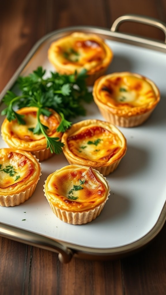 Mini quiche lorraine served on a platter with garnish