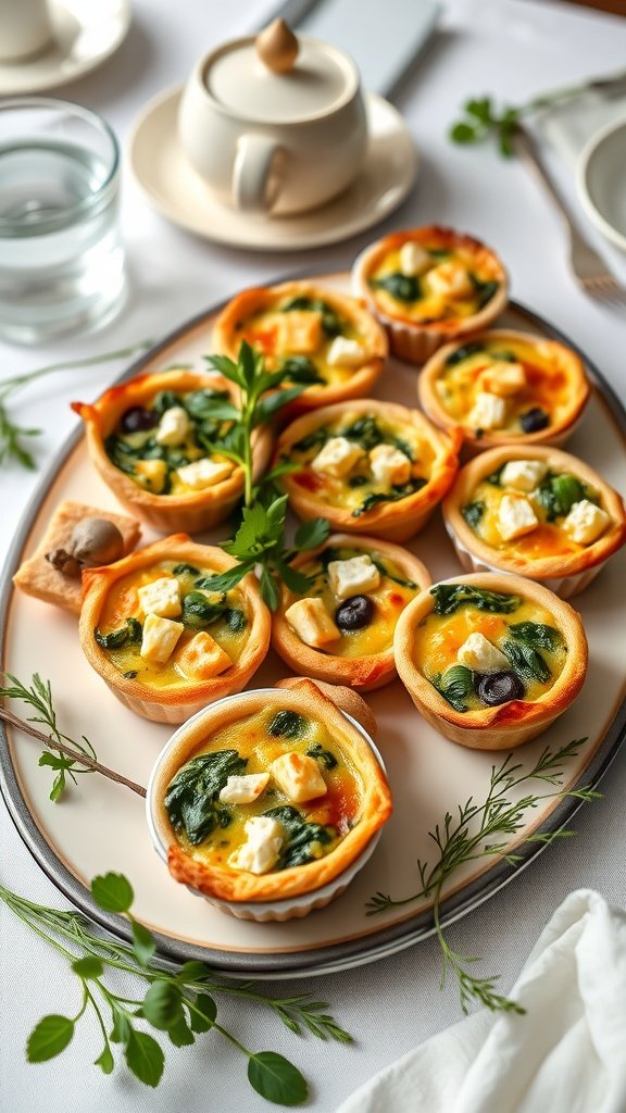 Mini quiche with spinach and feta served on a platter