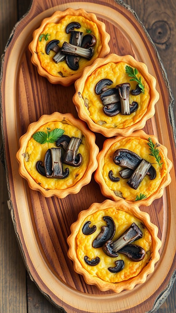 Delicious mini quiches topped with wild mushrooms on a wooden platter.