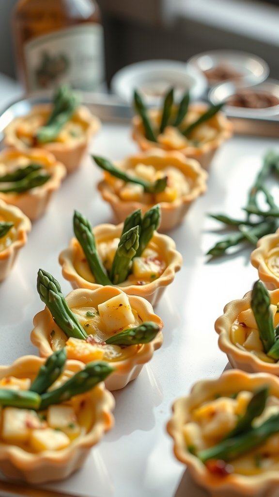 Mini quiches filled with asparagus and cheese, served in pastry cups.