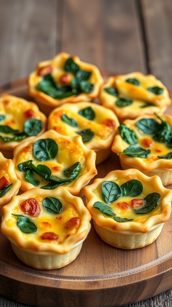 Mini quiches with Gruyère and spinach on a wooden platter