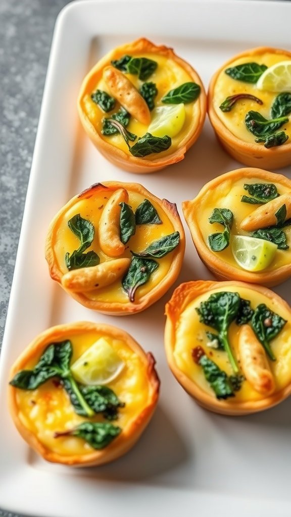 Mini quiches with spinach and cheese served on a platter.