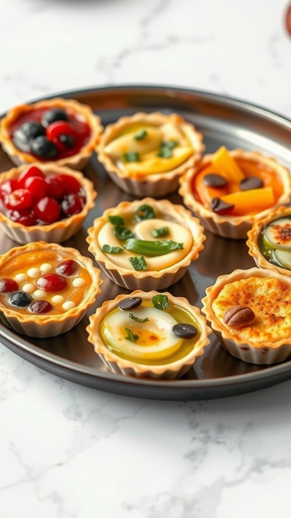 Mini quiches with various colorful fillings arranged on a platter.