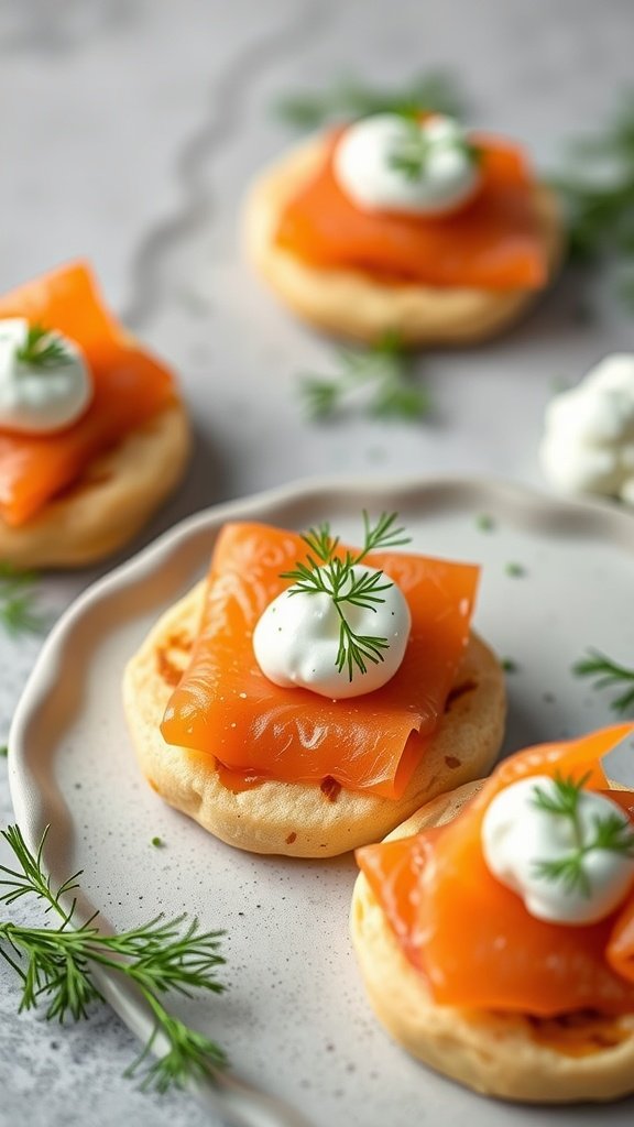 Mini savory pancakes with smoked salmon and sour cream topped with fresh dill.