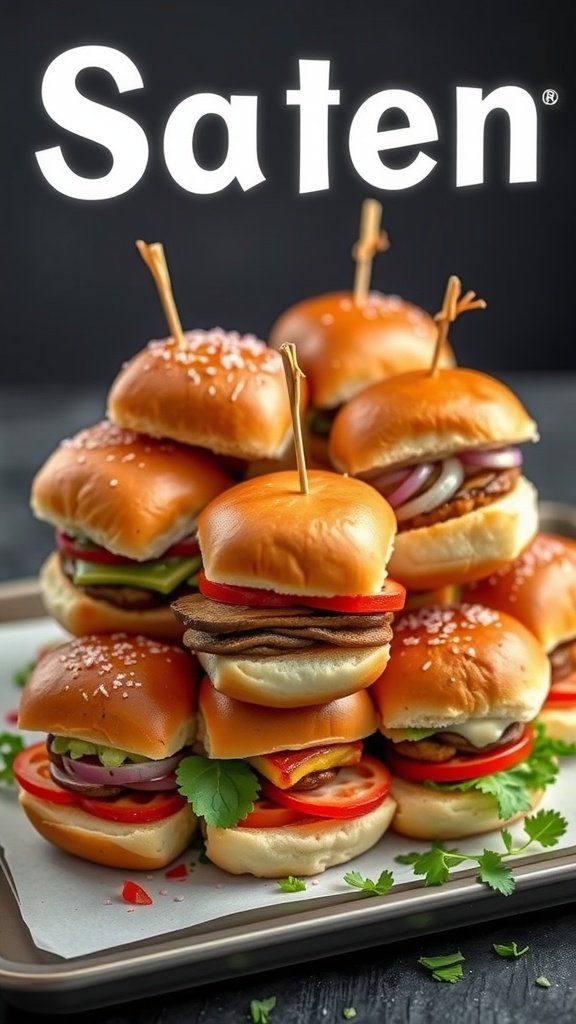 A variety of mini sliders with assorted toppings on a platter