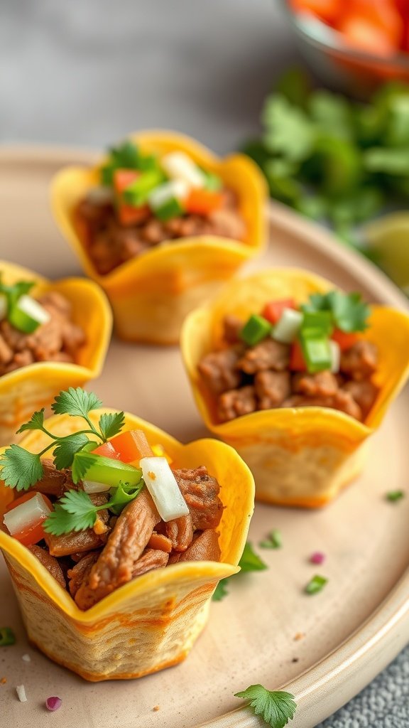 Mini Taco Cups filled with seasoned beef, cheese, and toppings