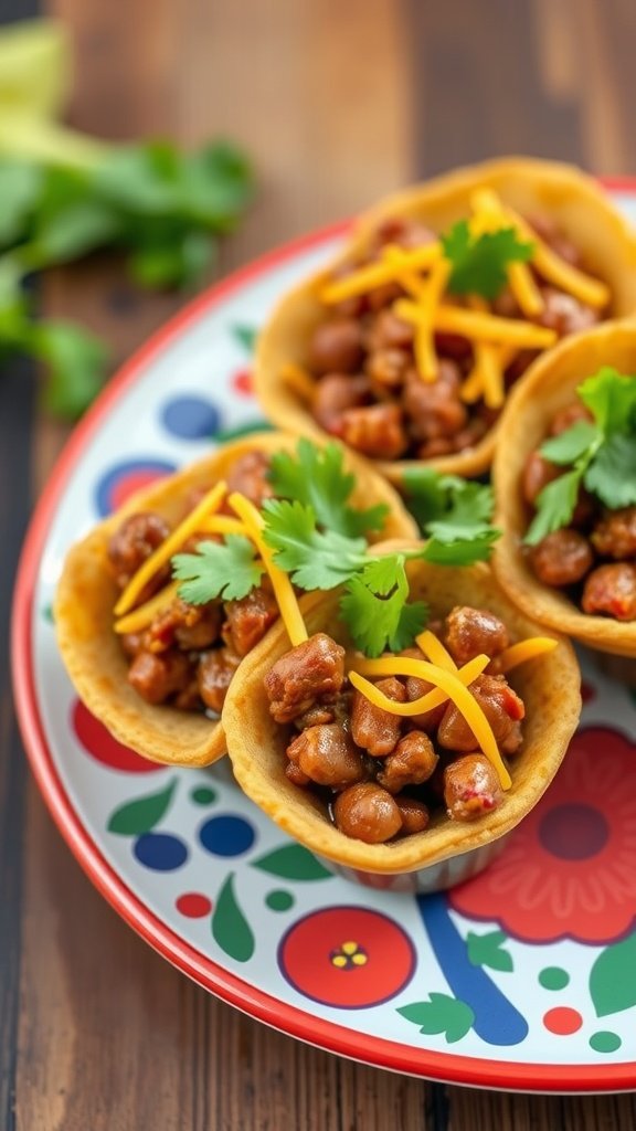 Mini taco cups filled with ground beef, beans, and topped with cheese and cilantro.